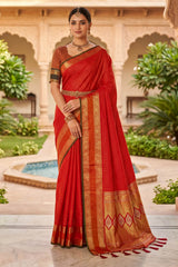 Flaunt Red Pure Zari Weaving Banarasi Silk Saree With Rhapsodic Blouse Piece