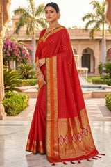 Flaunt Red Pure Zari Weaving Banarasi Silk Saree With Rhapsodic Blouse Piece