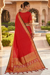 Flaunt Red Pure Zari Weaving Banarasi Silk Saree With Rhapsodic Blouse Piece