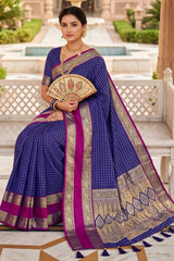 Admirable Royal Blue Pure Zari Weaving Banarasi Silk Saree With Mesmerising Blouse Piece