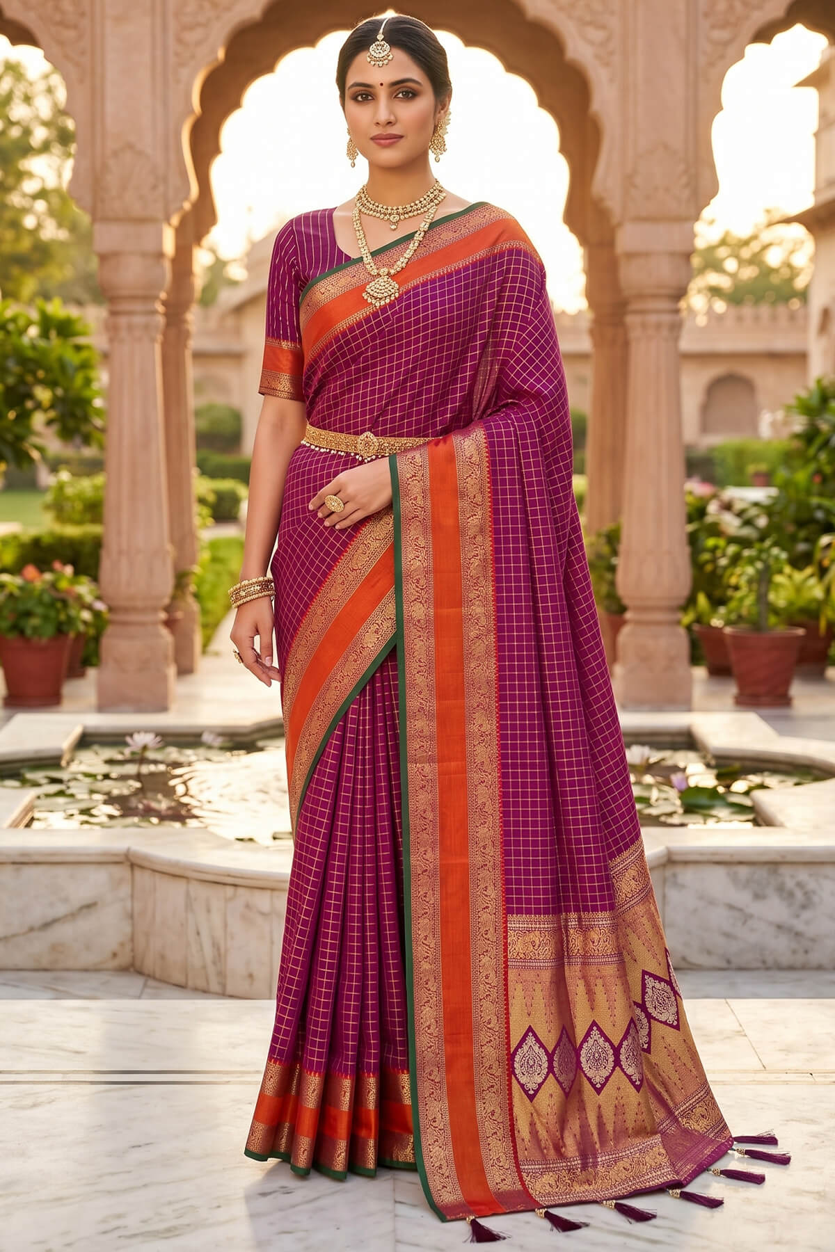 Ethnic Wine Pure Zari Weaving Banarasi Silk Saree With Demanding Blouse Piece