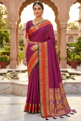 Ethnic Wine Pure Zari Weaving Banarasi Silk Saree With Demanding Blouse Piece
