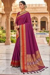 Ethnic Wine Pure Zari Weaving Banarasi Silk Saree With Demanding Blouse Piece