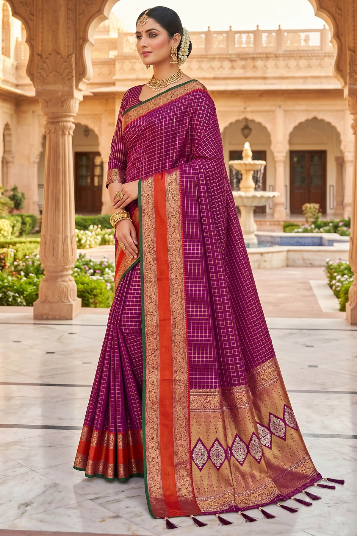 Ethnic Wine Pure Zari Weaving Banarasi Silk Saree With Demanding Blouse Piece