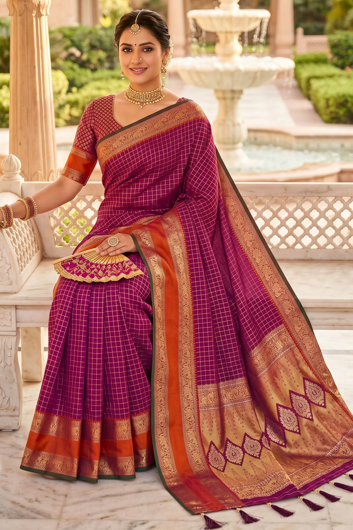 Ethnic Wine Pure Zari Weaving Banarasi Silk Saree With Demanding Blouse Piece