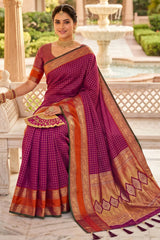 Ethnic Wine Pure Zari Weaving Banarasi Silk Saree With Demanding Blouse Piece