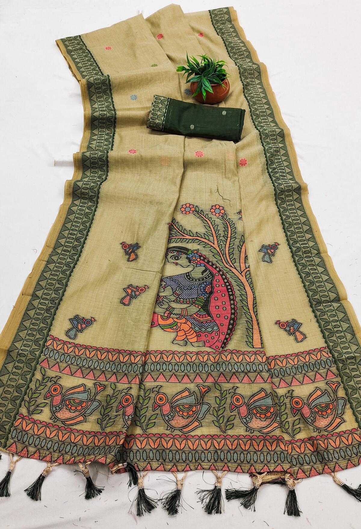 Quintessential Mehndi Pure Munga Cotton Silk Saree With Magnetic Blouse Piece