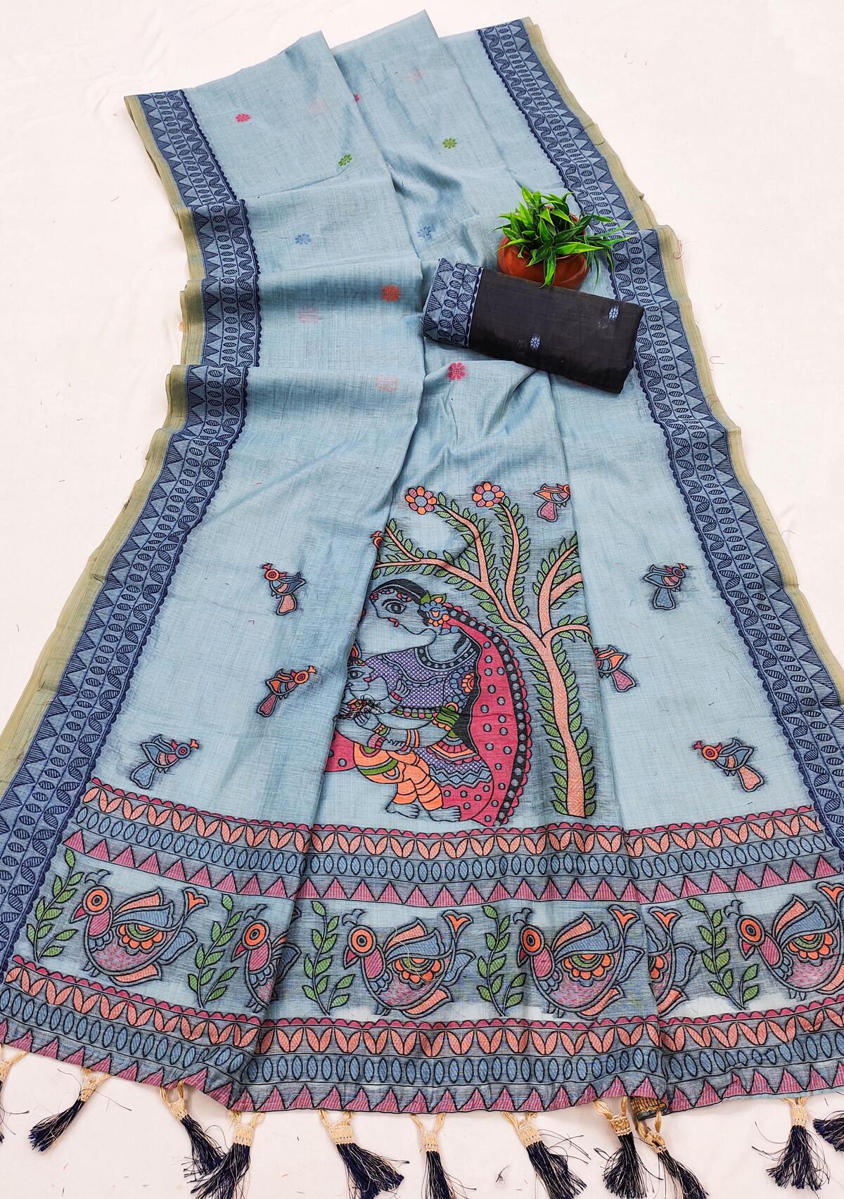 Majestic Sky Pure Munga Cotton Silk Saree With Prettiest Blouse Piece