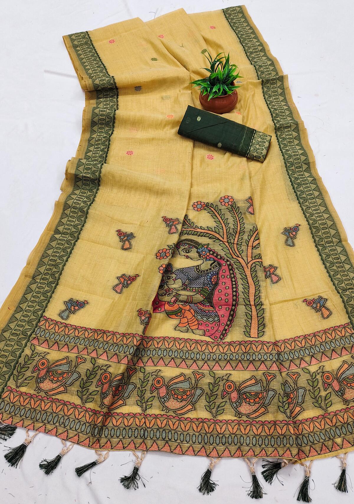 Rhapsodic Yellow Pure Munga Cotton Silk Saree With Delectable Blouse Piece