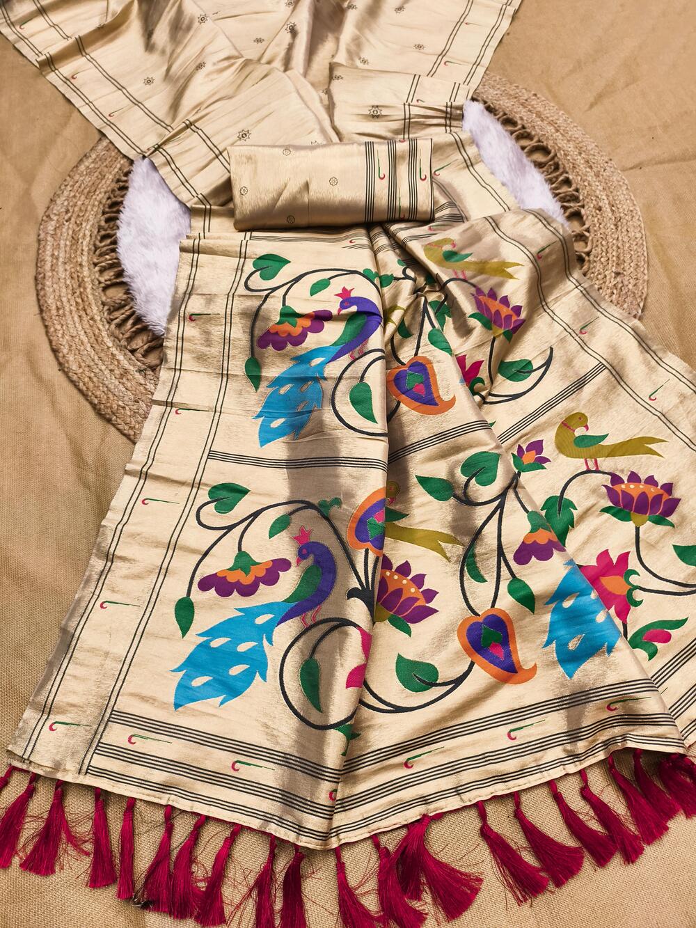 Epiphany Beige Paithani Silk Saree With Skinny Blouse Piece