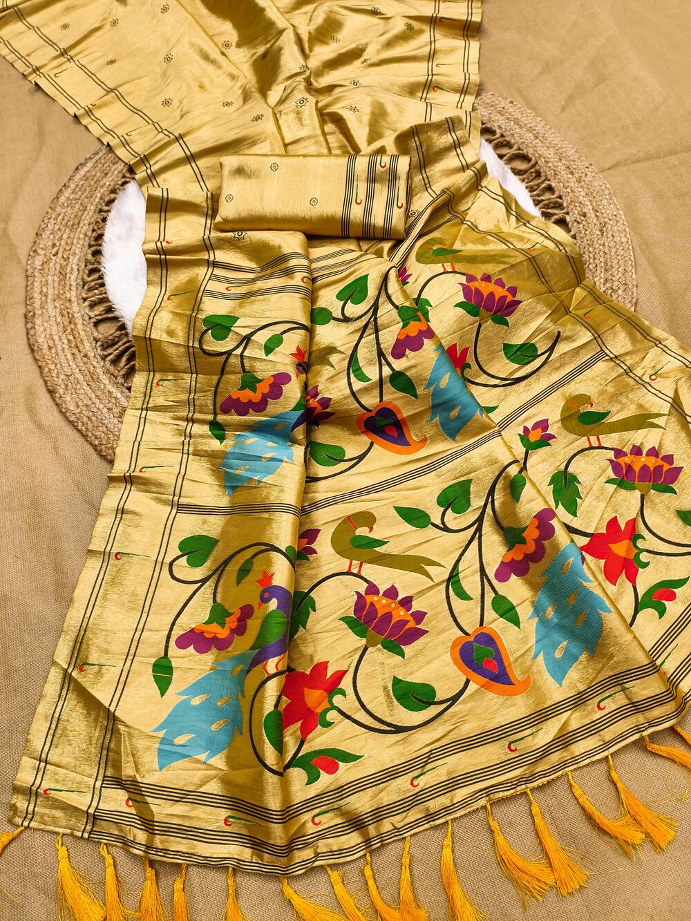 Gossamer Yellow Paithani Silk Saree With Petrichor Blouse Piece