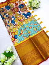 Arresting Beige Kalamkari Printed Saree With Impressive Blouse Piece