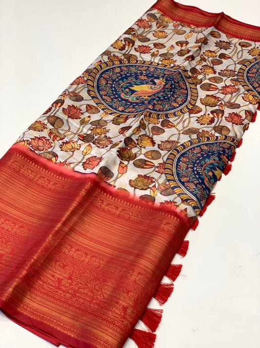 Charming Beige Kalamkari Printed Saree With Stylish Blouse Piece - Mameraa