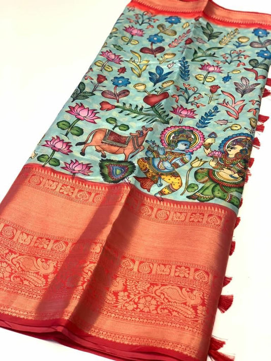 Wonderful Firozi Kalamkari Printed Saree With Deserving Blouse Piece - Mameraa