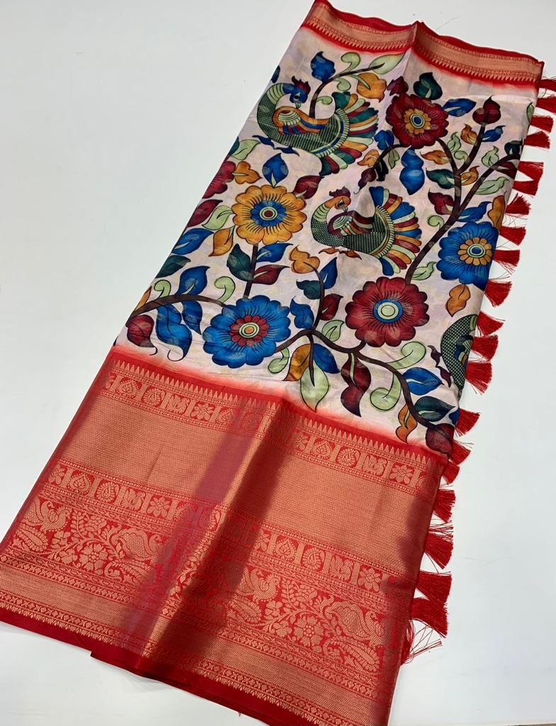 Impressive Lavender Kalamkari Printed Saree With Smart Blouse Piece - Mameraa