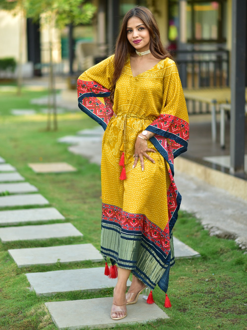 Mustard Color Digital Bandhej Print Pure Gaji Silk Kaftan