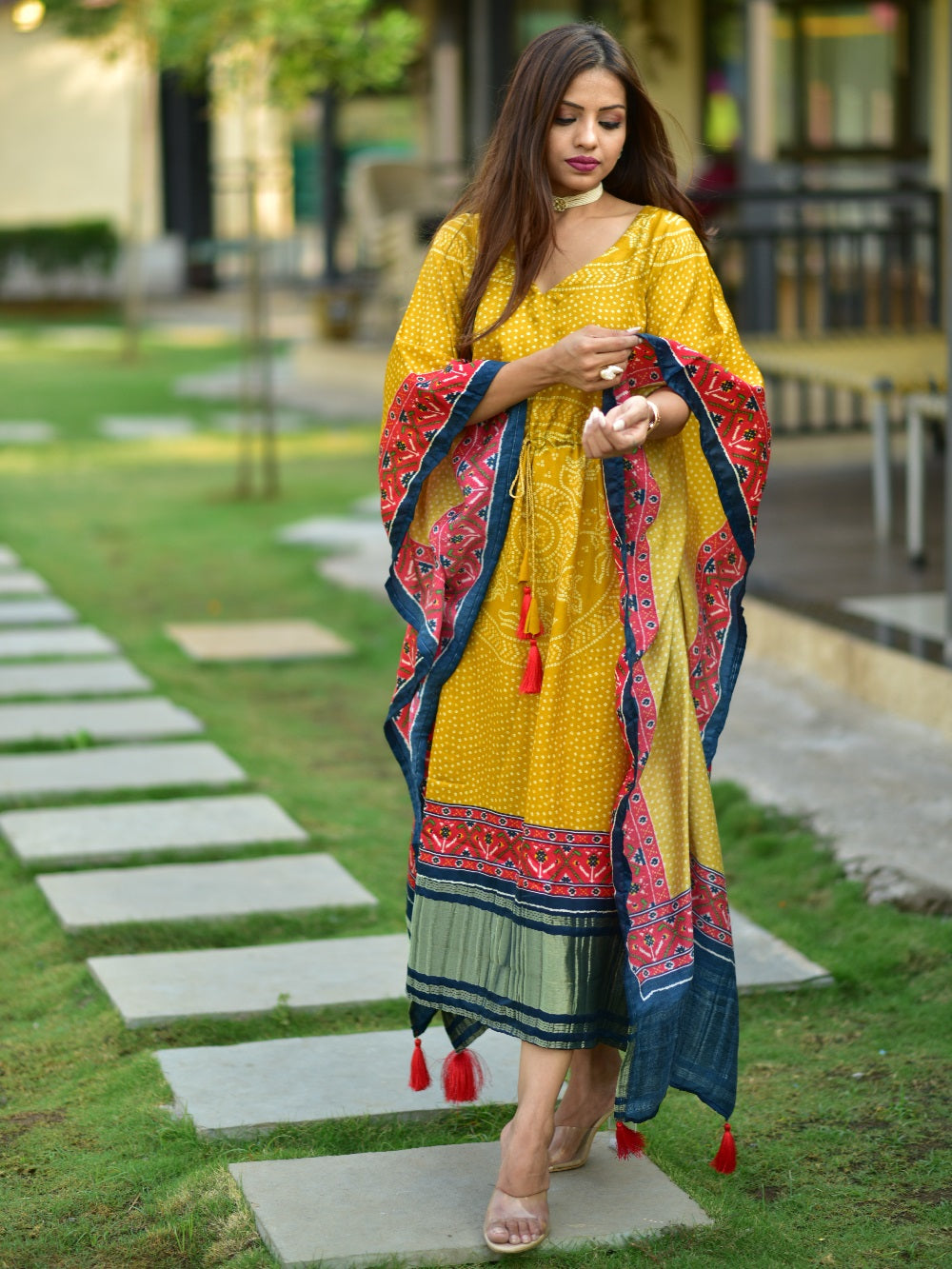Mustard Color Digital Bandhej Print Pure Gaji Silk Kaftan