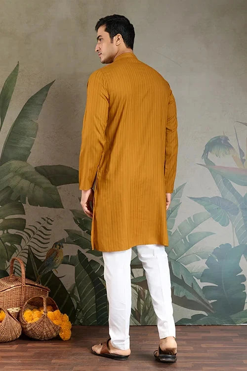Wedding Special Mustard Mirror Kurta Set with Dupatta for Men