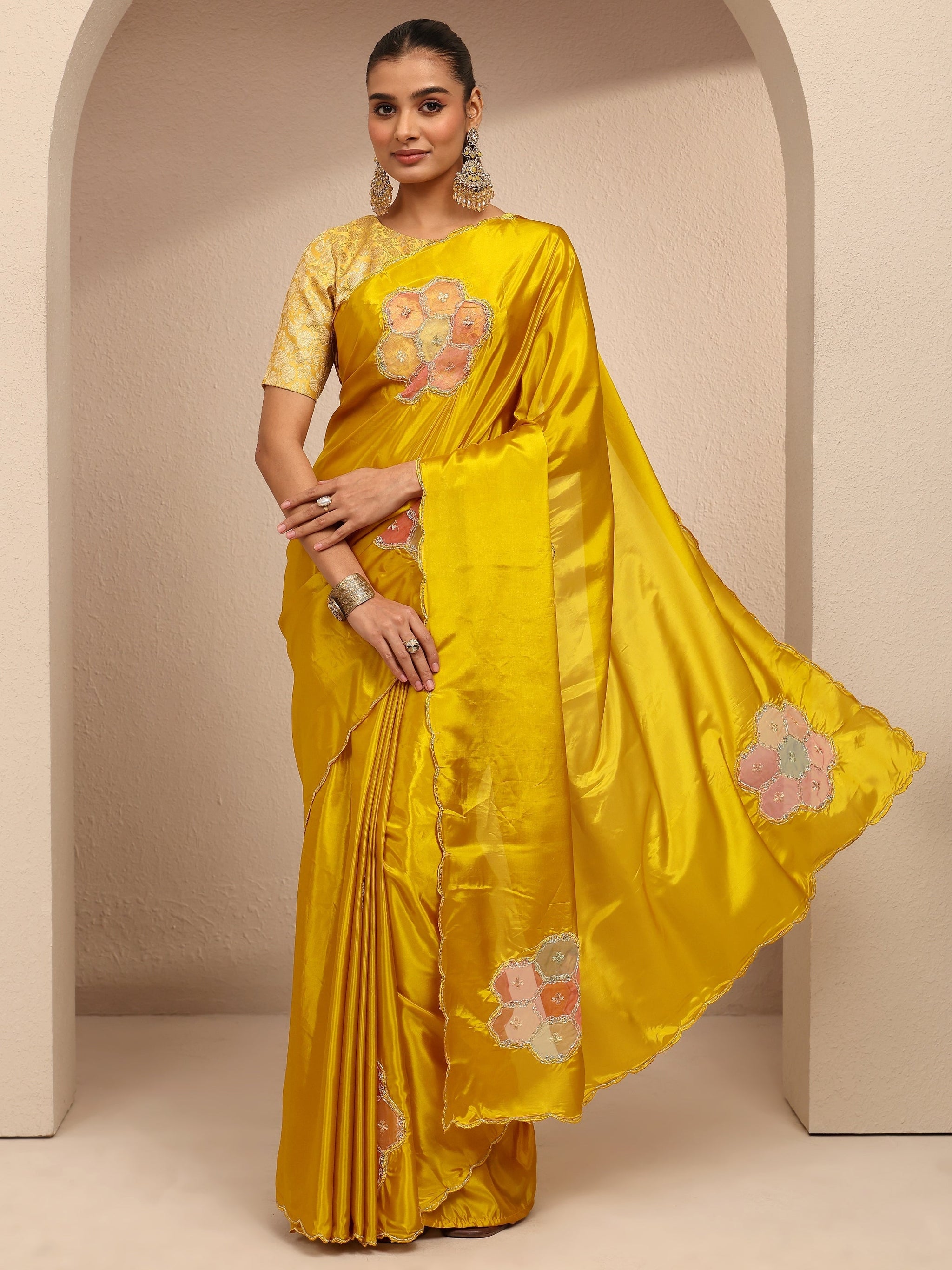 Libas Mustard Geometric Embellished Silk Blend Saree With Unstitched Blouse Piece