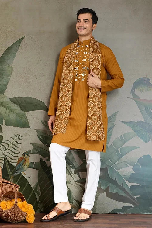 Wedding Special Mustard Mirror Kurta Set with Dupatta for Men