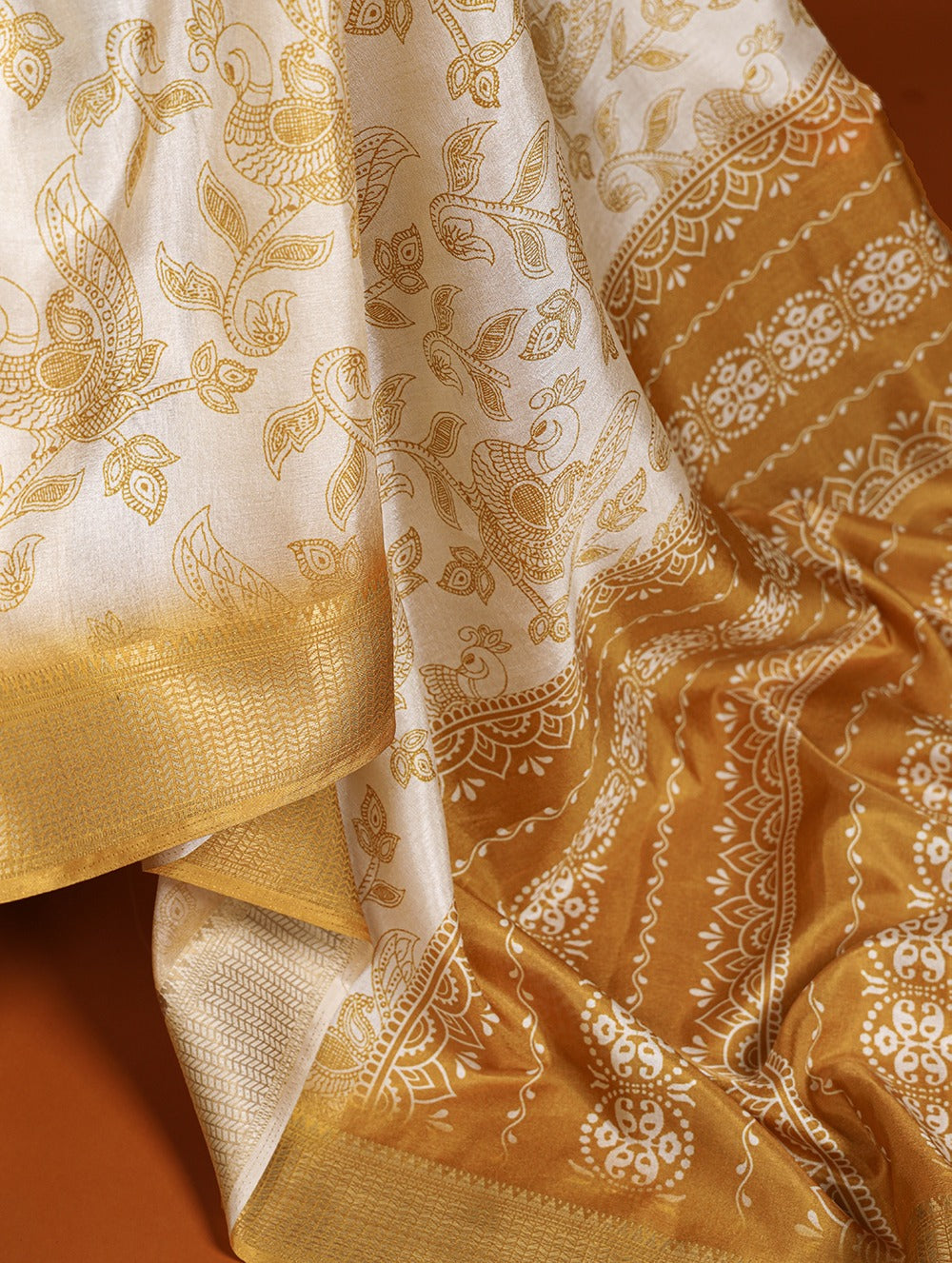 Mustard Yellow Dola Silk Saree with Printed Work and Zari Border
