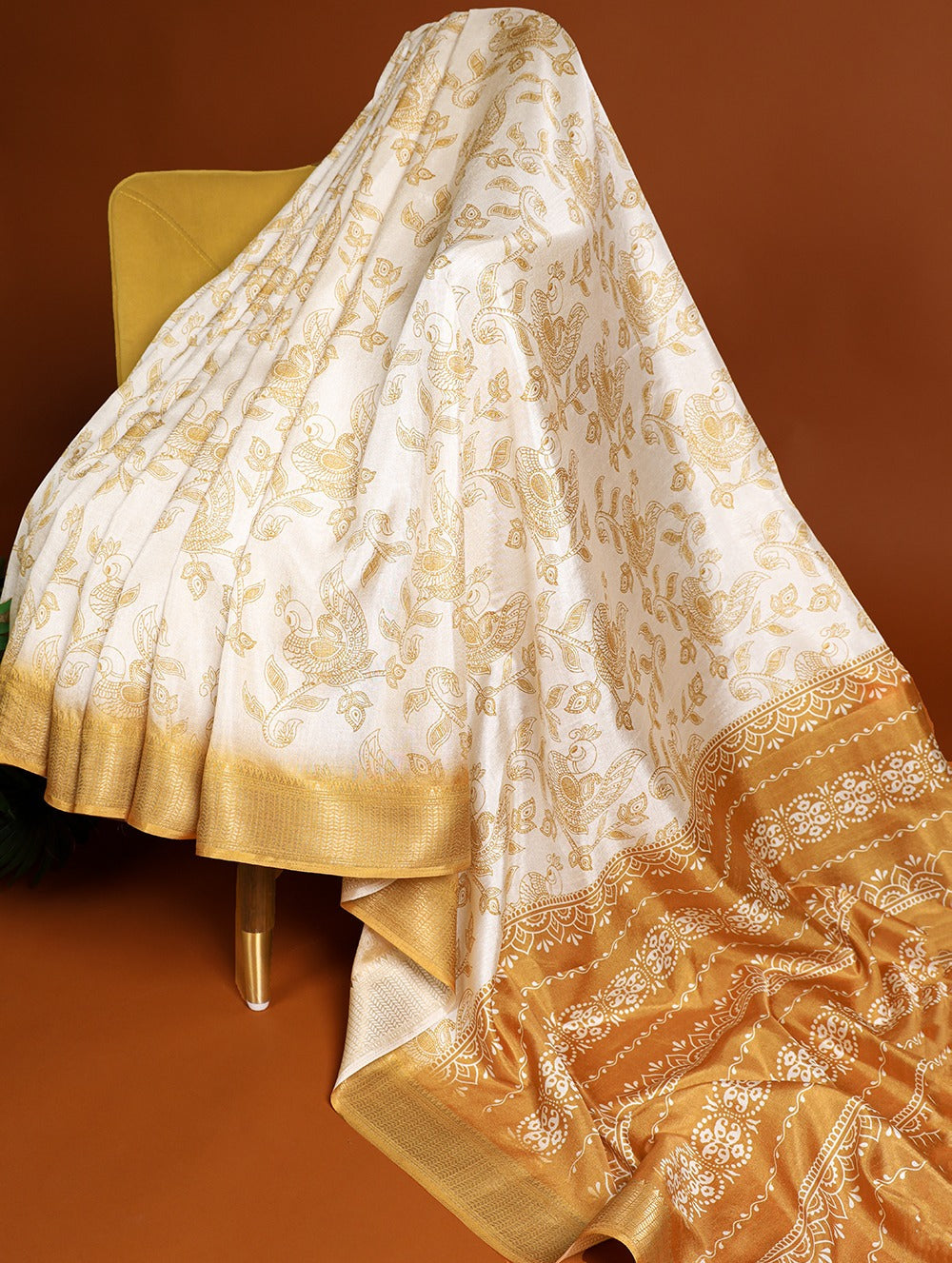 Mustard Yellow Dola Silk Saree with Printed Work and Zari Border