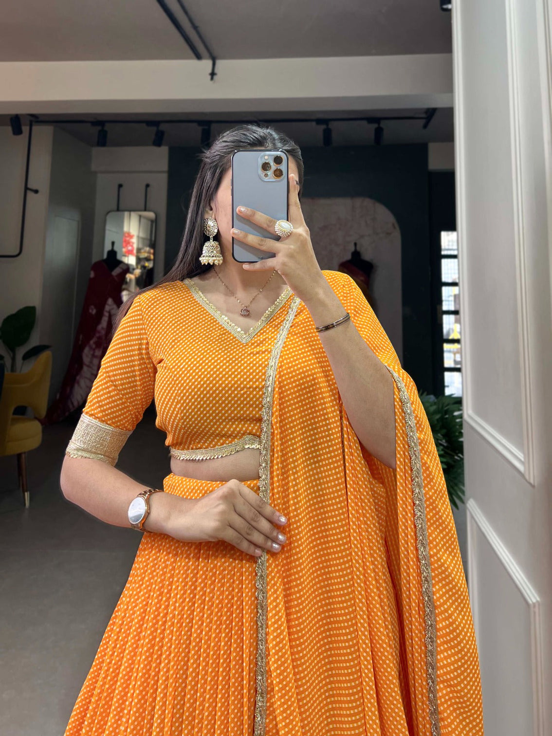 Mustard Yellow Color Dot Print Georgette Lehenga Choli