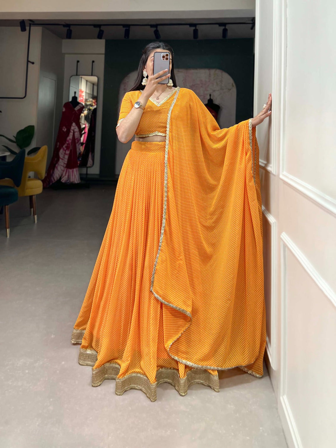Mustard Yellow Color Dot Print Georgette Lehenga Choli