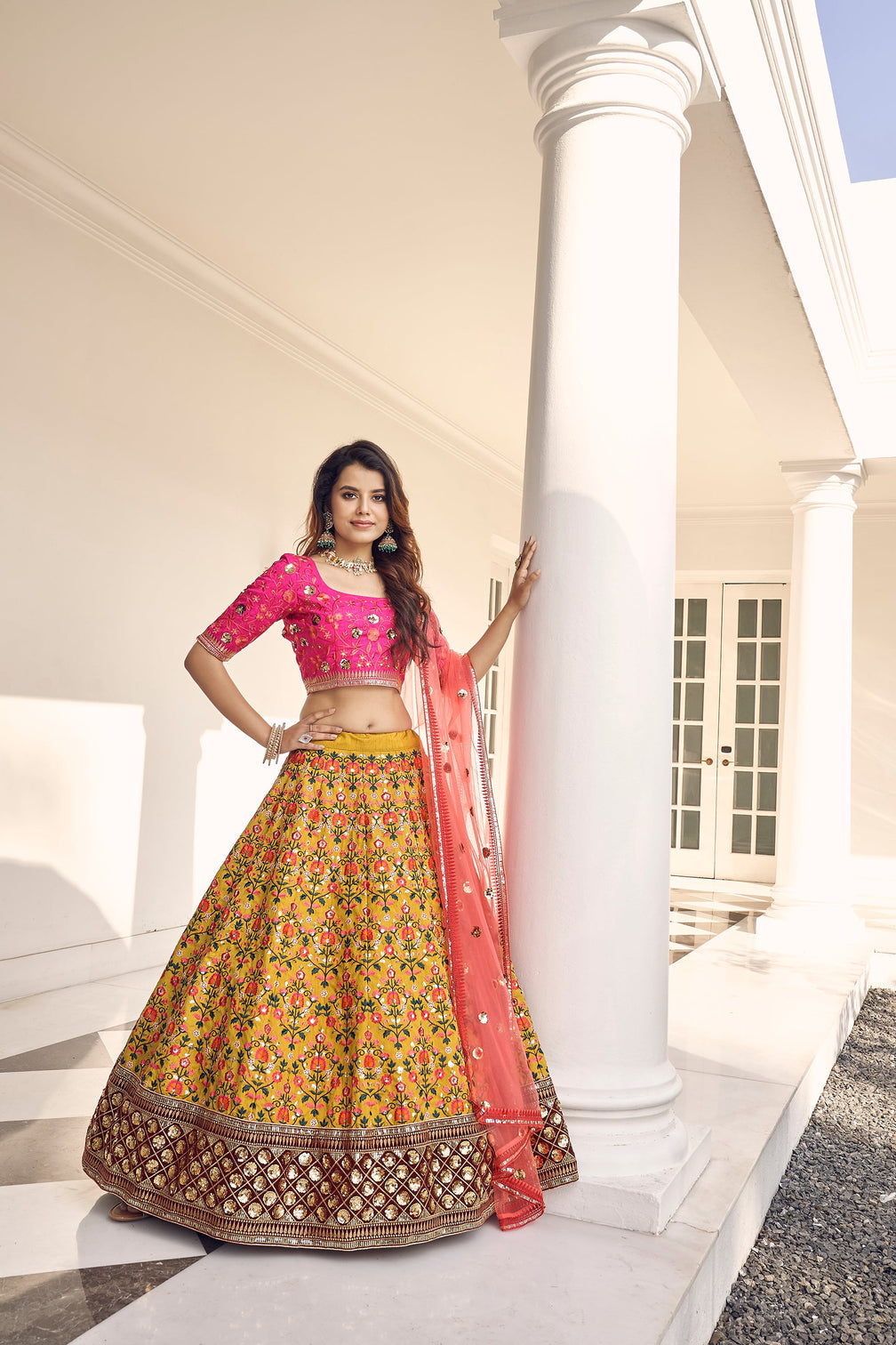 Mustard-Yellow & Pink Thread With Sequins Embroidered Art Silk Semi Stitched Party Wear Lehenga