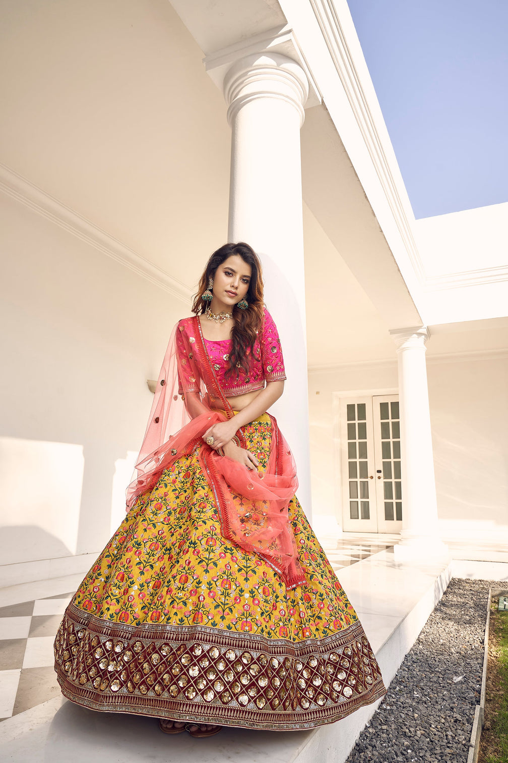 Mustard-Yellow & Pink Thread With Sequins Embroidered Art Silk Semi Stitched Party Wear Lehenga