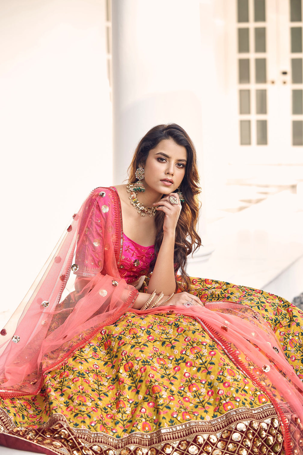Mustard-Yellow & Pink Thread With Sequins Embroidered Art Silk Semi Stitched Party Wear Lehenga