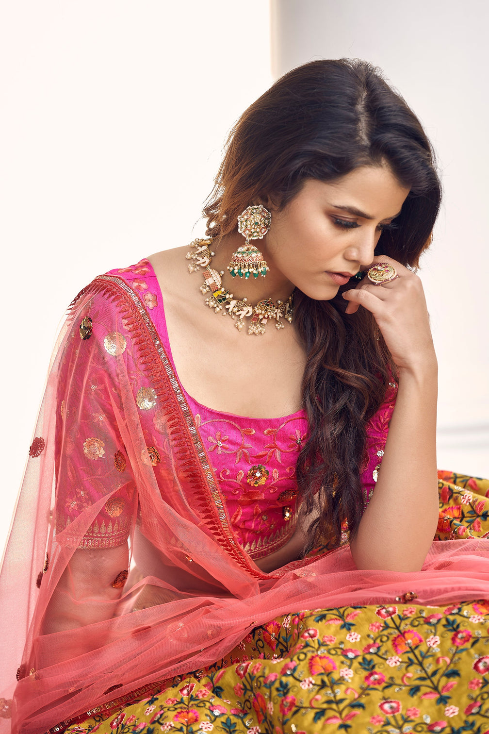 Mustard-Yellow & Pink Thread With Sequins Embroidered Art Silk Semi Stitched Party Wear Lehenga