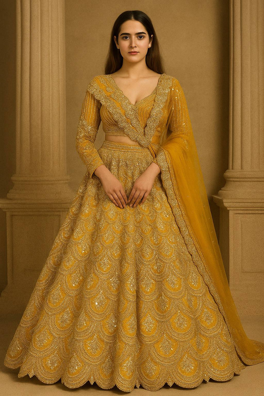 Mustard Premium Heavy Thai Silk Lehenga Set with Sequins & Dori Work