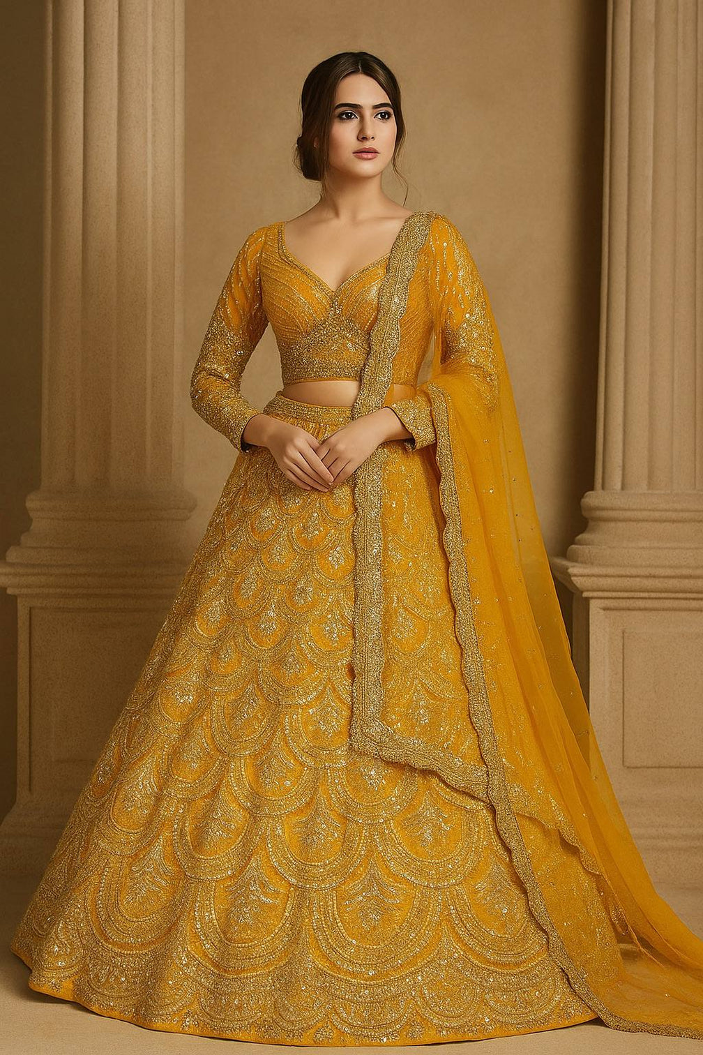 Mustard Premium Heavy Thai Silk Lehenga Set with Sequins & Dori Work