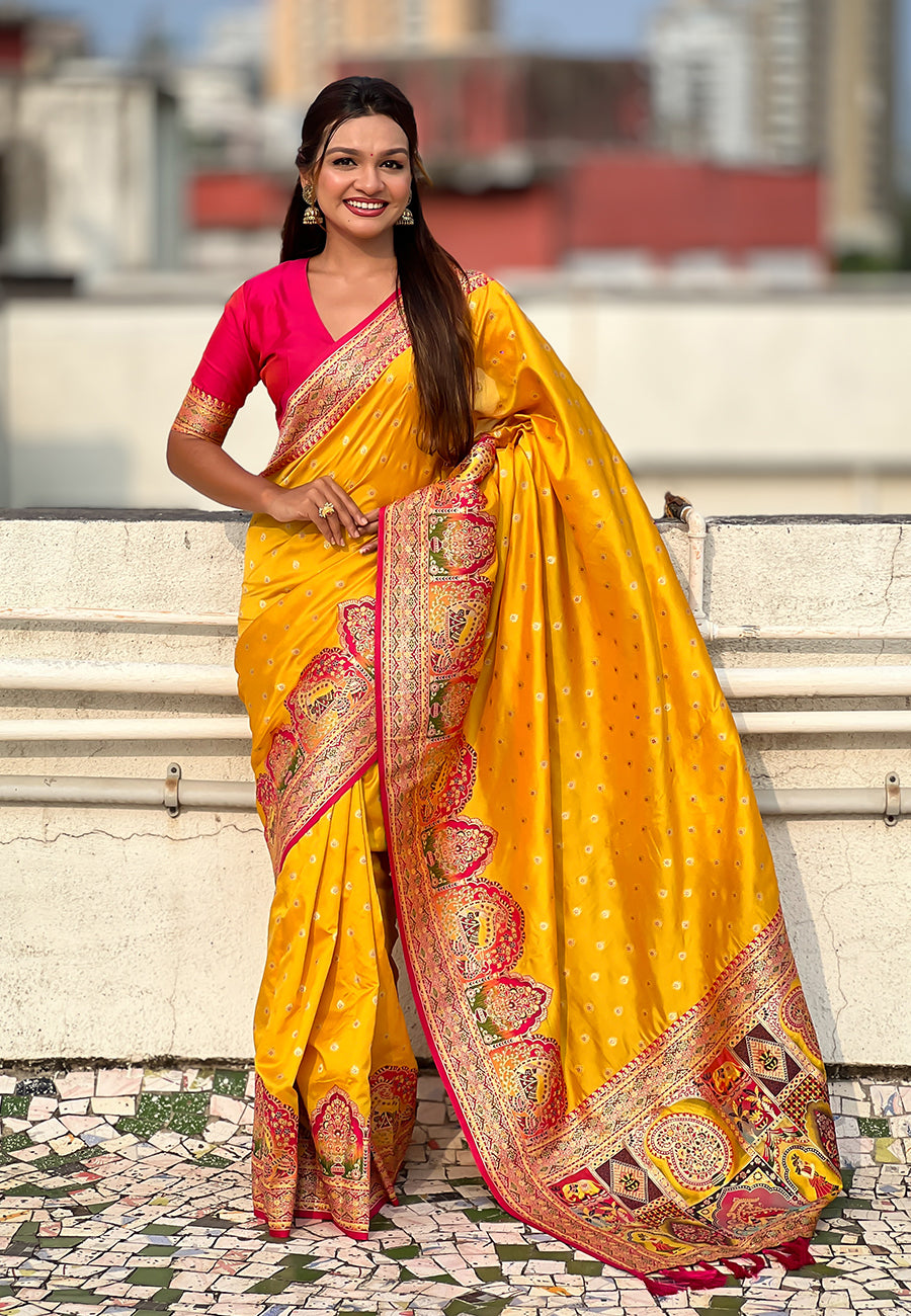 Mustard pashmina darbari silk saree with traditional zari weaving