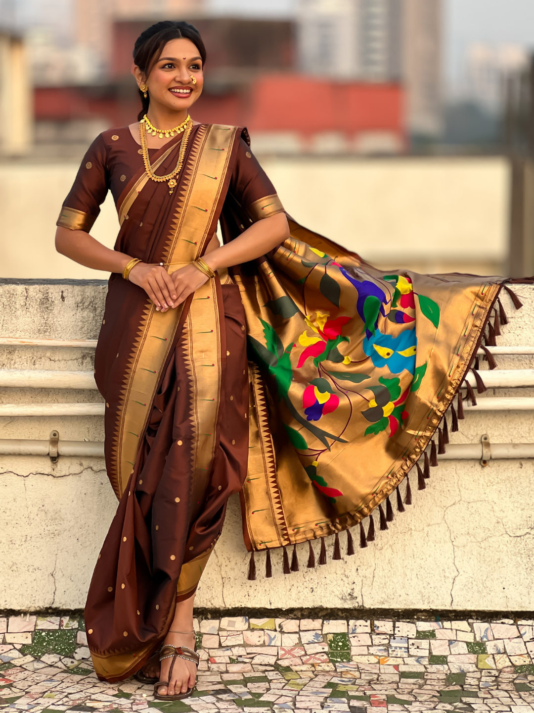 Coffee Wedding Special Nauvari Paithani Soft Silk Saree with Zari Woven Polka Motifs and Peacock Pallu