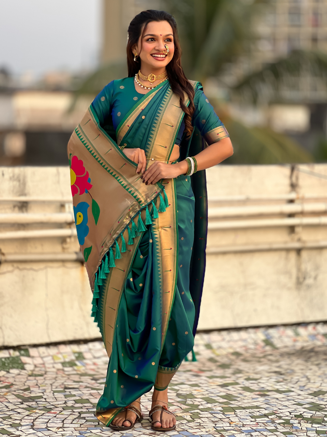 Parrot green wedding special nauvari paithani soft silk saree with zari woven polka motifs and peacock pallu