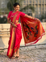 Pink Wedding Special Nauvari Paithani Soft Silk Saree with Zari Woven Polka Motifs and Peacock Pallu