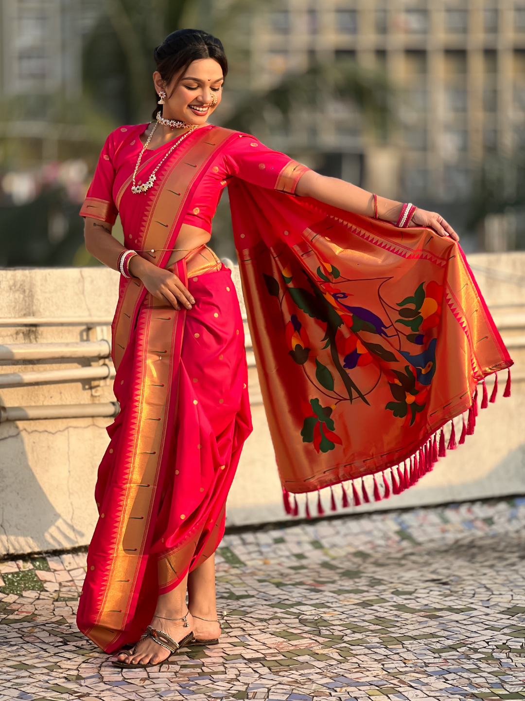 Pink Wedding Special Nauvari Paithani Soft Silk Saree with Zari Woven Polka Motifs and Peacock Pallu