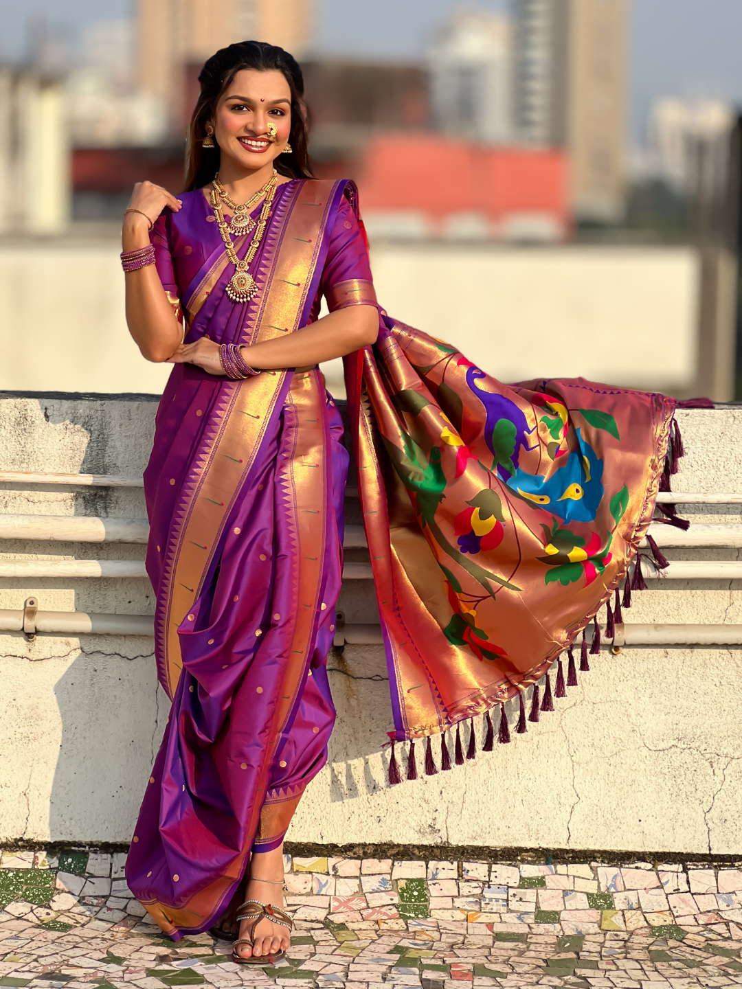 Special Nauvari Paithani Soft Silk Saree witPurple Weddingh Zari Woven Polka Motifs and Peacock Pallu