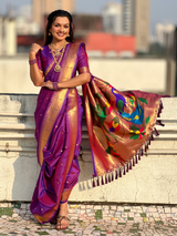 Special Nauvari Paithani Soft Silk Saree witPurple Weddingh Zari Woven Polka Motifs and Peacock Pallu