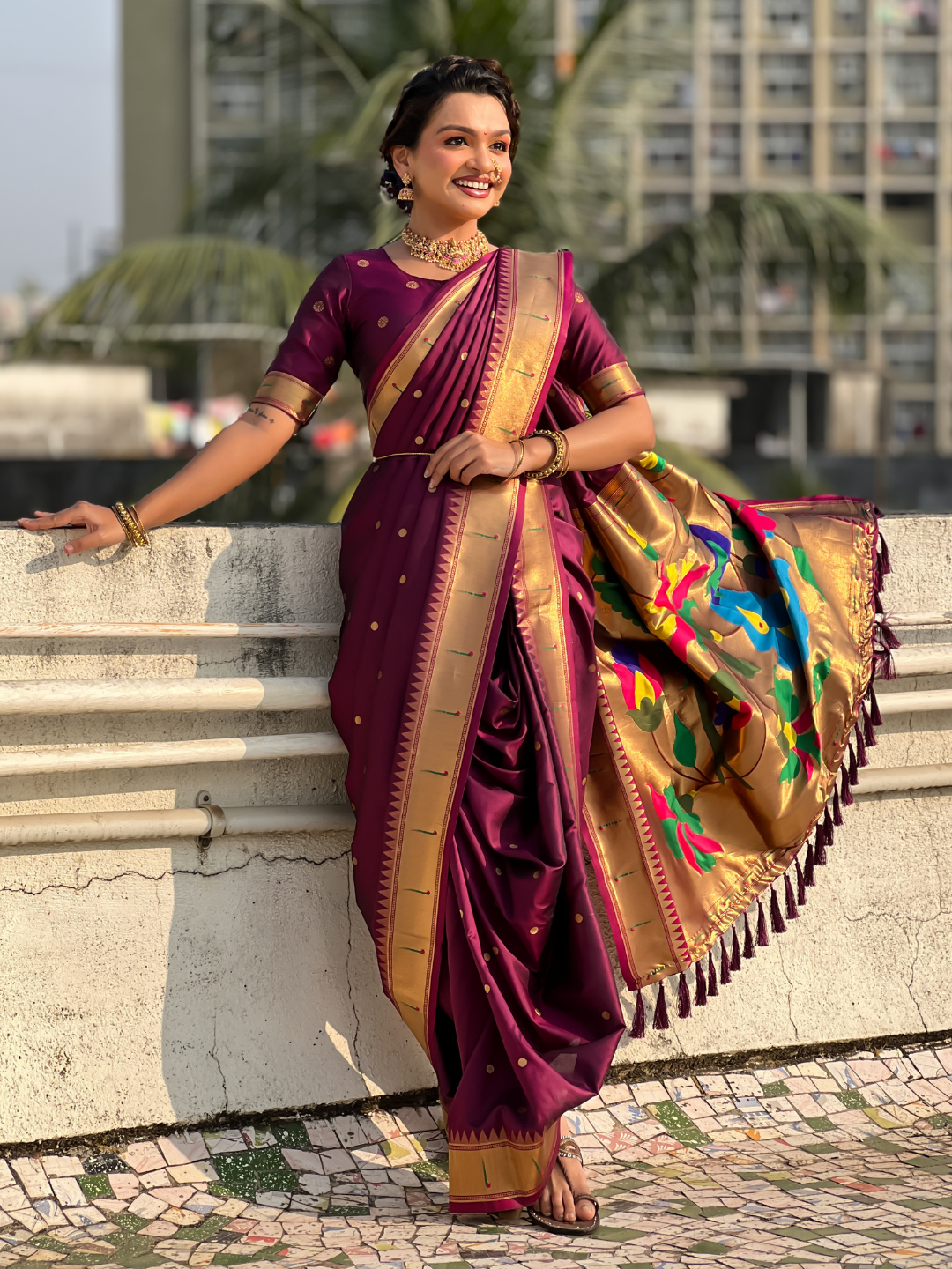 Wine Wedding Special Nauvari Paithani Soft Silk Saree with Zari Woven Polka Motifs and Peacock Pallu