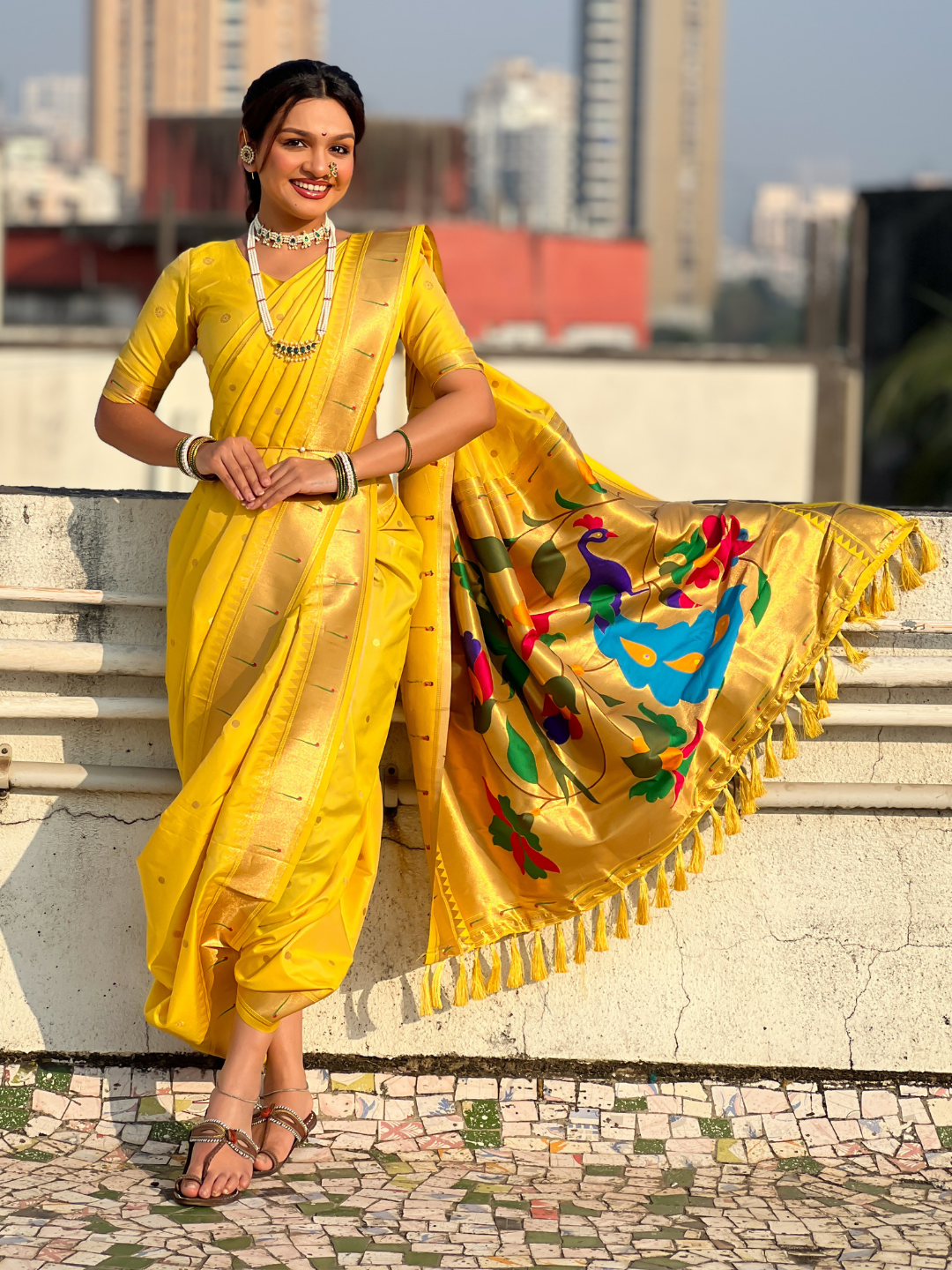 Yellow wedding special nauvari paithani soft silk saree with zari woven polka motifs and peacock pallu