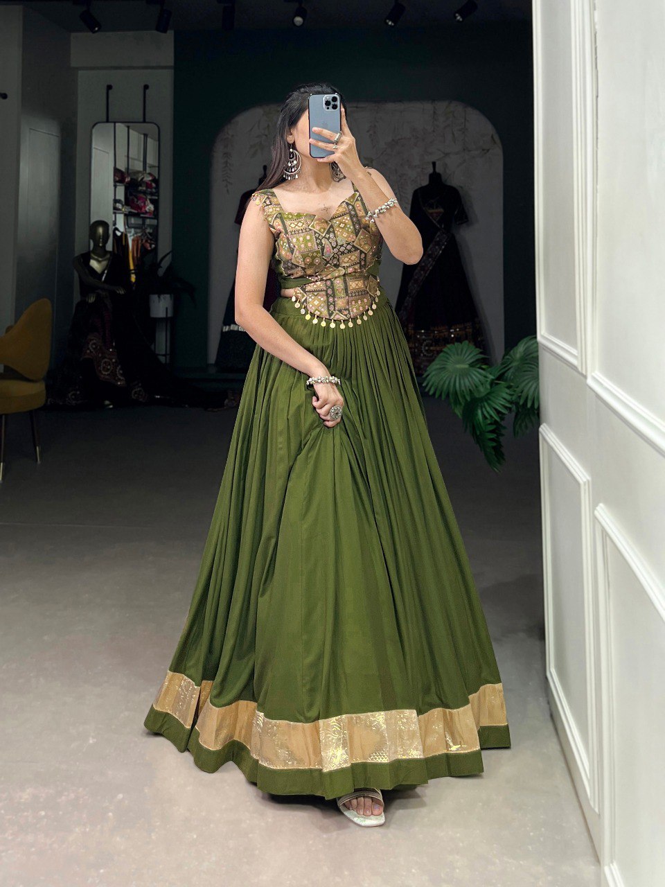 Navratri Vibe With this Mehndi Rayon Silk Lehenga Choli