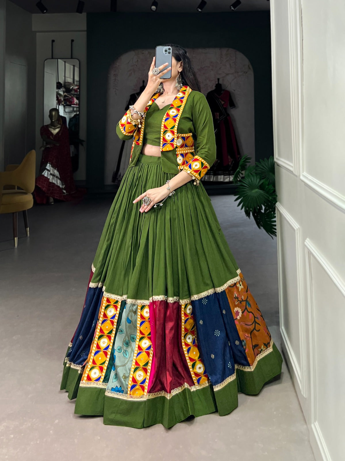 Vibrant and Mesmerizing Mahendi Green Navratri Rayon Lehenga Choli