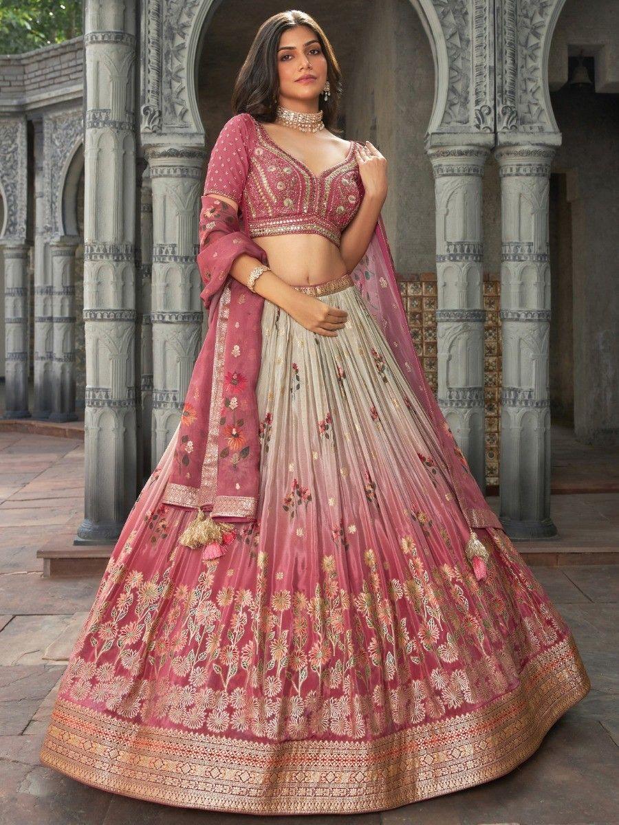 Dazzling Dusty Pink Zari Weaving Silk Wedding Wear Lehenga Choli