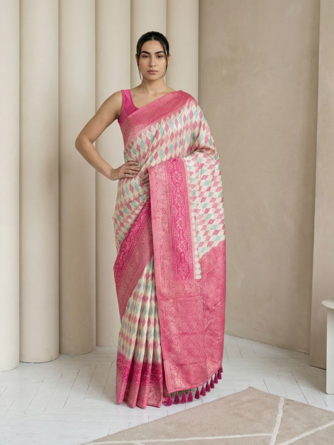 Cream Premium Patola Silk Ikat Meenakari Zari Woven Saree with Contrast Pallu and Brocade Blouse