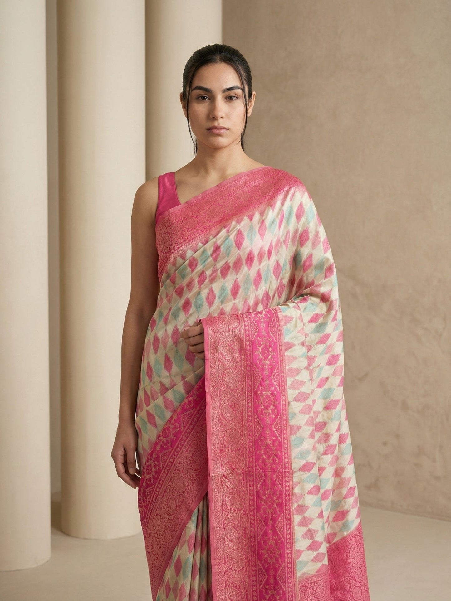 Cream Premium Patola Silk Ikat Meenakari Zari Woven Saree with Contrast Pallu and Brocade Blouse
