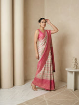 Cream Premium Patola Silk Ikat Meenakari Zari Woven Saree with Contrast Pallu and Brocade Blouse