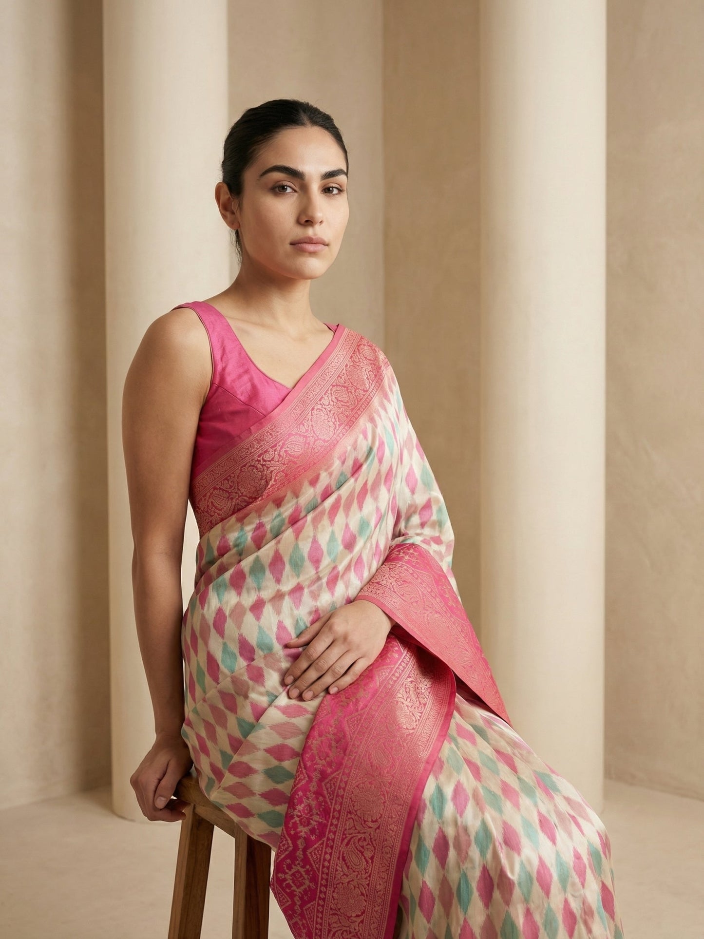 Cream Premium Patola Silk Ikat Meenakari Zari Woven Saree with Contrast Pallu and Brocade Blouse